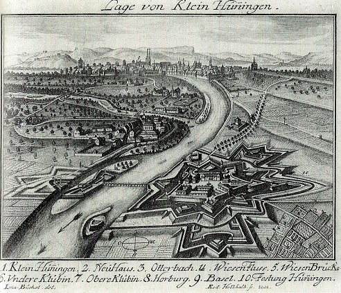 Plan des attaques et de la défense de la tête de pont d'Huningue - depuis le 22 octobre 1796 jusqu'au 1er février 1797 - levé et dessiné par Charles Pinot